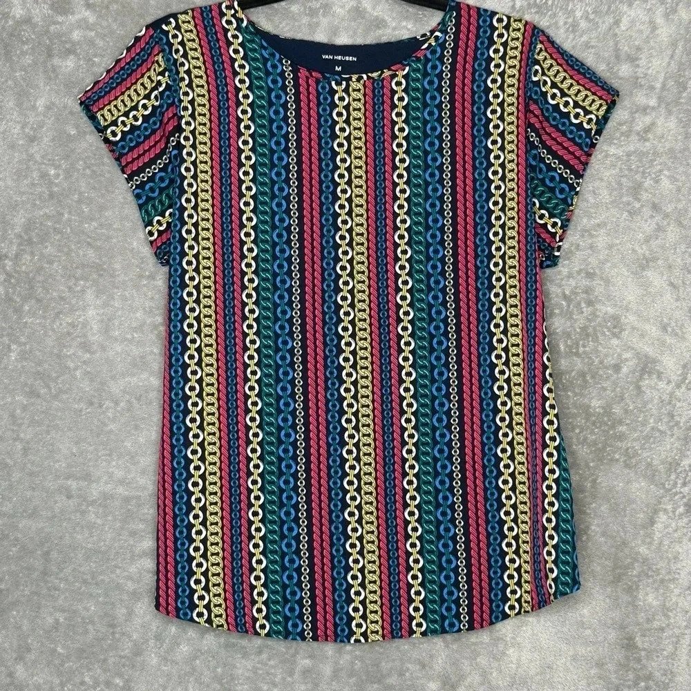 Van Heusen M Medium Shirt Top Blue‎ Nautical Striped Cap Short Sleeve Round Neck
